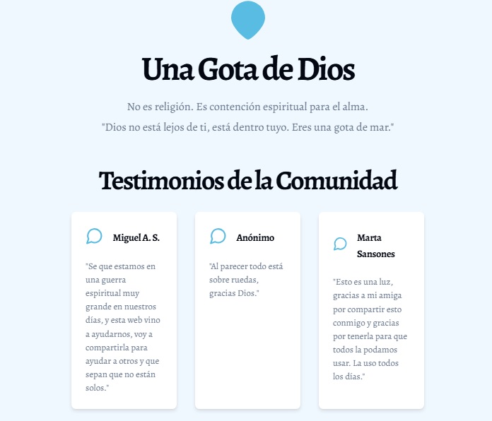 Logo e inicio de la app Una Gota de Dios con testimonios de la comunidad sobre apoyo espiritual y contención emocional. Esta es la historia de una Gota de Dios